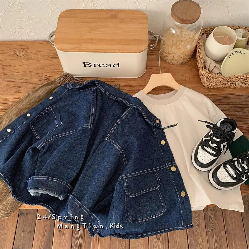 Κορεάτικη άνοιξη 2024 Παιδικό μπουφάν για αγόρι Βαμβακερή αντίθεση Χαλαρό τζιν παλτό για μωρά, μασίφ γυρισμένο γιακά Παιδικά παλτό για αγόρια