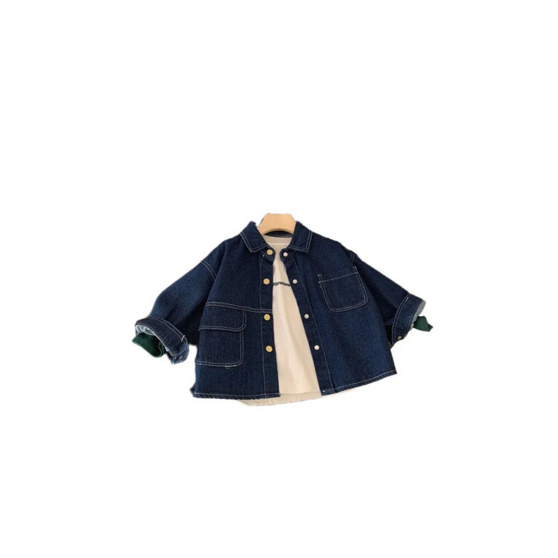 Κορεάτικη άνοιξη 2024 Παιδικό μπουφάν για αγόρι Βαμβακερή αντίθεση Χαλαρό τζιν παλτό για μωρά, μασίφ γυρισμένο γιακά Παιδικά παλτό για αγόρια