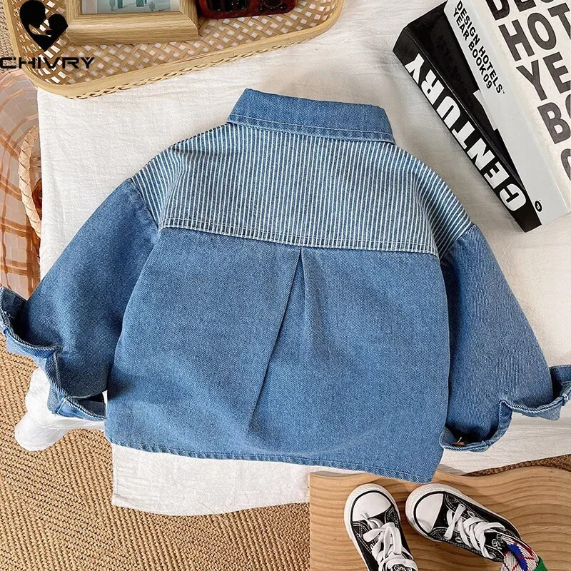 Κλασικά τζιν πουκάμισα για αγόρια Ανοιξιάτικα νέα Παιδικά μακρυμάνικο πέτο ριγέ συνονθύλευμα τζιν μπλουζάκια Παιδικά casual ρούχα