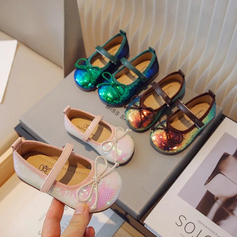 Princess Zelene cipele Djevojčice Jesen 2023 Mašne Ružičaste cipele Dječje cipele sa šljokicama Veličina 21-30 Ravne cipele za dojenčad