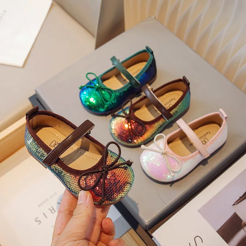 Princess Zelene cipele Djevojčice Jesen 2023 Mašne Ružičaste cipele Dječje cipele sa šljokicama Veličina 21-30 Ravne cipele za dojenčad