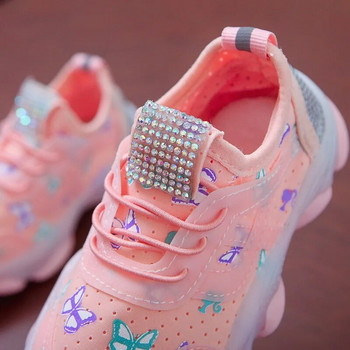 Пролетни детски LED маратонки за момичета Есенни малки деца Princess Ежедневни Diamond Детски светещи обувки Princess Butterfly Sneakers