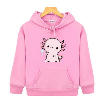 Pink Axolotl Salute Play Bubbles Hoodies Kawaii Graphic Print Sweatshirts for Boys/Girls Tops Autumn Fleece Warm Clothing Kids