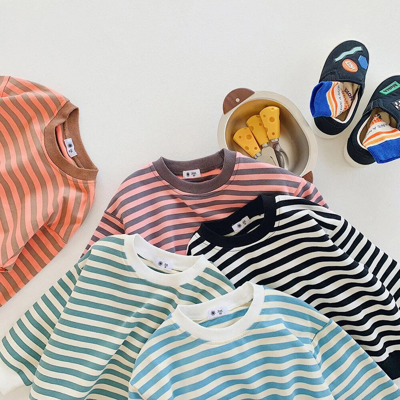 Hanorac cu dungi 2-8T Copil Copil Copil Bebeluș Băieți Fete Haine Toamnă Iarnă Pulover Top Bumbac Hanorace pentru sugari Ținută lejeră