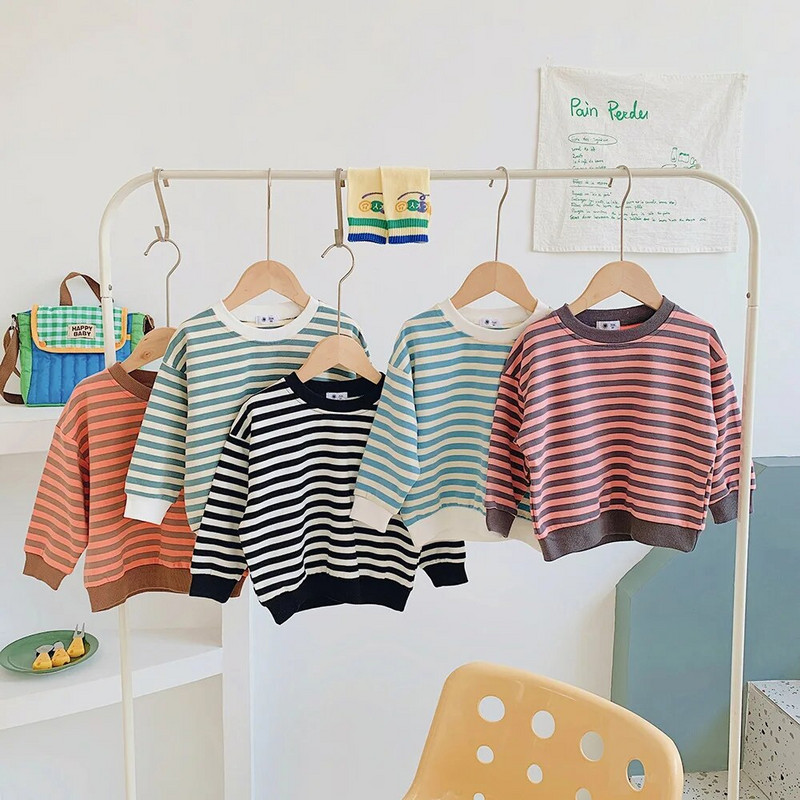 Hanorac cu dungi 2-8T Copil Copil Copil Bebeluș Băieți Fete Haine Toamnă Iarnă Pulover Top Bumbac Hanorace pentru sugari Ținută lejeră