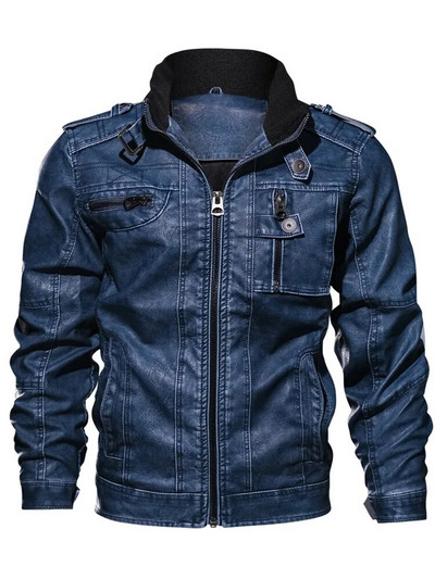 Jachetă din piele denim pentru bărbați, buzunar cu fermoar multifuncțional, haine în stil britanic, motocicletă de stradă, 6XL, largi, caldă, PU, unisex