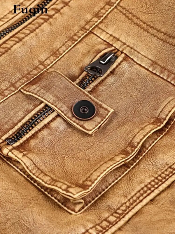 Jachetă din piele denim pentru bărbați, buzunar cu fermoar multifuncțional, haine în stil britanic, motocicletă de stradă, 6XL, largi, caldă, PU, unisex