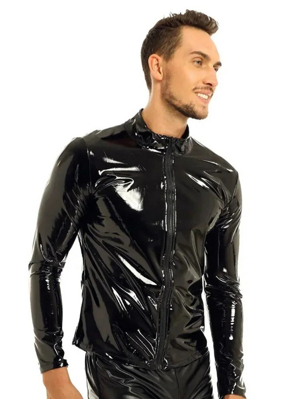 Cămașă din piele cu aspect umed, sexy, lucioasă, pentru bărbați, haină ocazională pentru bărbați, din piele PVC, lucioasă, strânsă, Topuri Sexi 2024