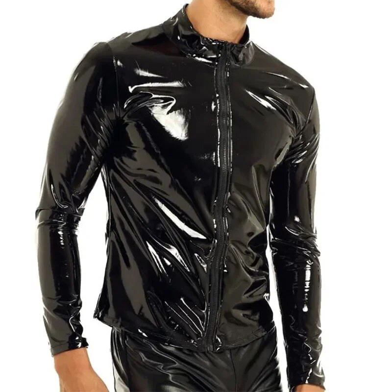 Cămașă din piele cu aspect umed, sexy, lucioasă, pentru bărbați, haină ocazională pentru bărbați, din piele PVC, lucioasă, strânsă, Topuri Sexi 2024