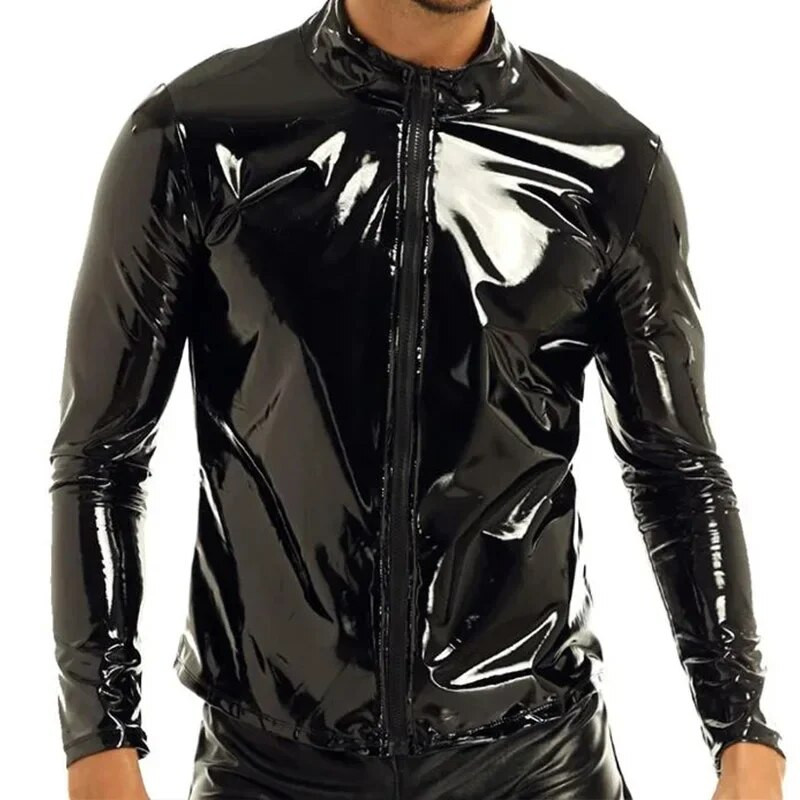 Cămașă din piele cu aspect umed, sexy, lucioasă, pentru bărbați, haină ocazională pentru bărbați, din piele PVC, lucioasă, strânsă, Topuri Sexi 2024