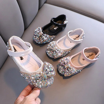 Обувки за момичета с цветни пайети, кристали, 2023, пролет, есен, нови детски обувки с папийонка и принцеса, детски танцуващи обувки с равни обувки G48