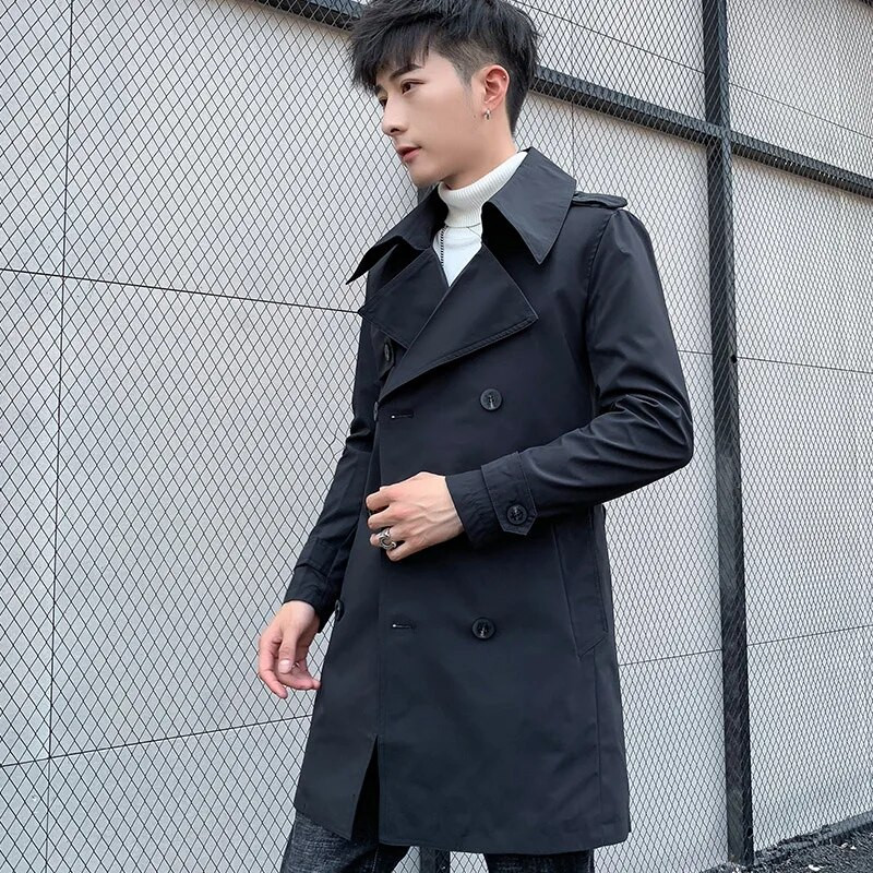 Army Πράσινη καμπαρντίνα με λαιμόκοψη V Ανδρικό παλτό με λεπτό μακρύ σακάκι με διπλό στήθος Ανοιξιάτικο και Φθινοπωρινό Ανεμοδράστη Γκρι Χακί Μαύρο Πανωφόρι