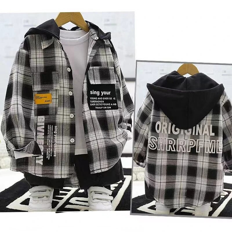 2023. Dječaci, djeca, karirani kaput s otisnutim slovima i džepovima, široki, ležerni, jednoredno kopčanje, proljetna nova korejska verzija, kaput s kapuljačom