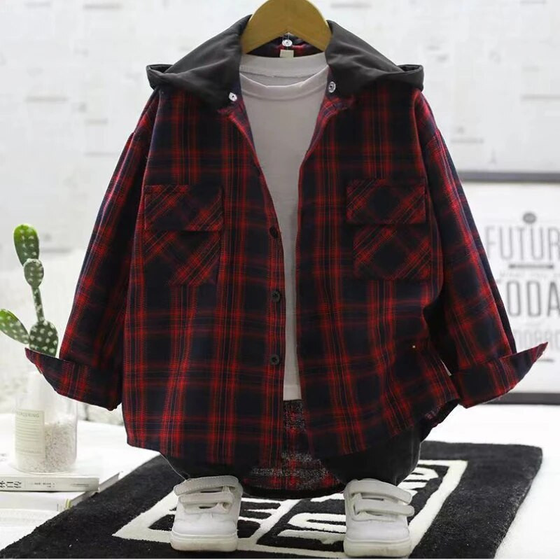 2023. Dječaci, djeca, karirani kaput s otisnutim slovima i džepovima, široki, ležerni, jednoredno kopčanje, proljetna nova korejska verzija, kaput s kapuljačom