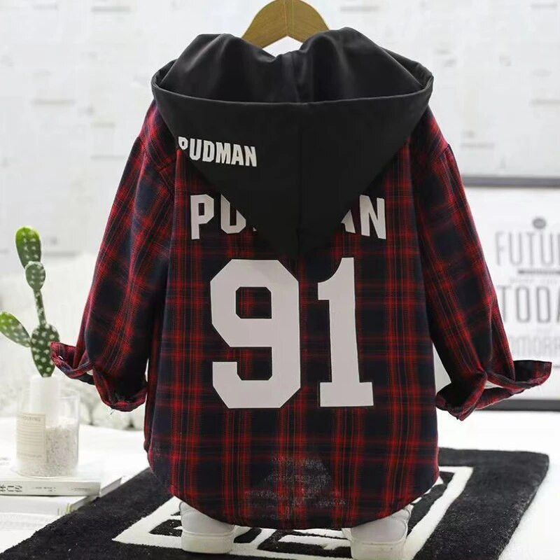 2023. Dječaci, djeca, karirani kaput s otisnutim slovima i džepovima, široki, ležerni, jednoredno kopčanje, proljetna nova korejska verzija, kaput s kapuljačom