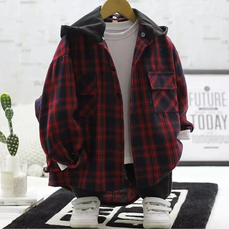 2023. Dječaci, djeca, karirani kaput s otisnutim slovima i džepovima, široki, ležerni, jednoredno kopčanje, proljetna nova korejska verzija, kaput s kapuljačom