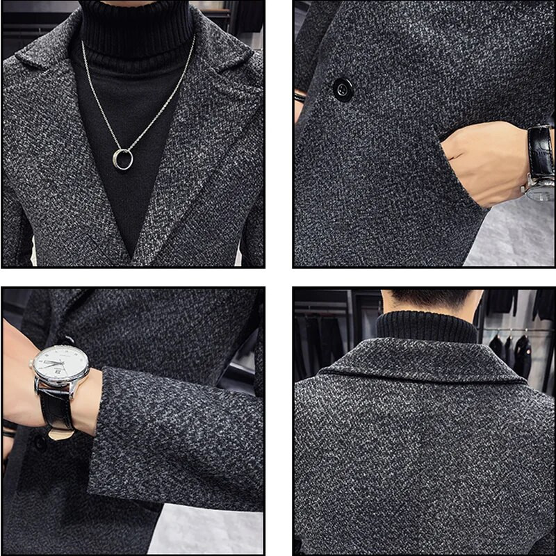 Trench pentru bărbați, amestecuri de lână groasă, lungi, ocazional, haine calde de modă, pardesiu cu guler cu rever, plus mărimea, 5XL, pentru bărbați, subțire.