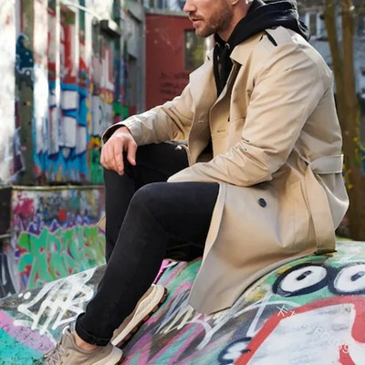 Blazer de vânt supradimensionat Bărbați Tendință coreeană Lungime mijlocie Frumos peste genunchi Palton britanic de toamnă iarnă pentru cupluri Manta elegantă