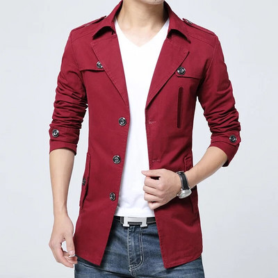 Trenci din bumbac pur de toamnă, pentru bărbați, nou spălat, pardesiu, pardesiu, lung, subțire, guler răsturnat, jachetă casual Albastru Zoeva