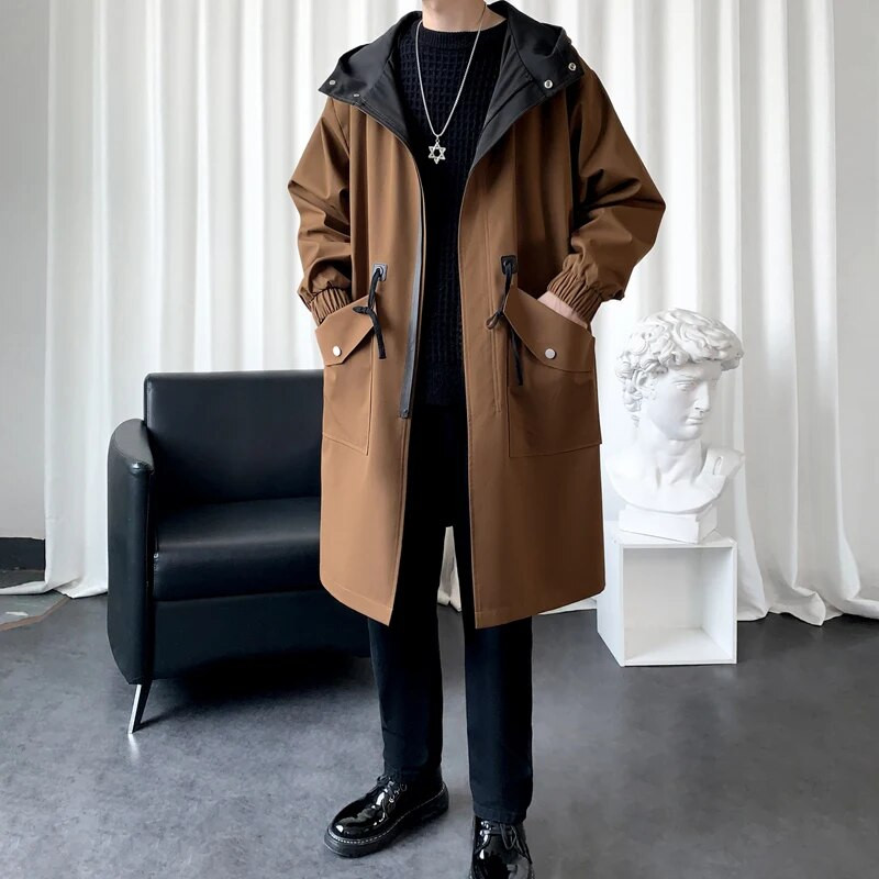 Trenci de toamnă pentru bărbați, jachete cu glugă, cu glugă, cu buzunar Harajuku, îmbrăcăminte pentru bărbați, îmbrăcăminte exterioară, îmbrăcăminte stradală la modă