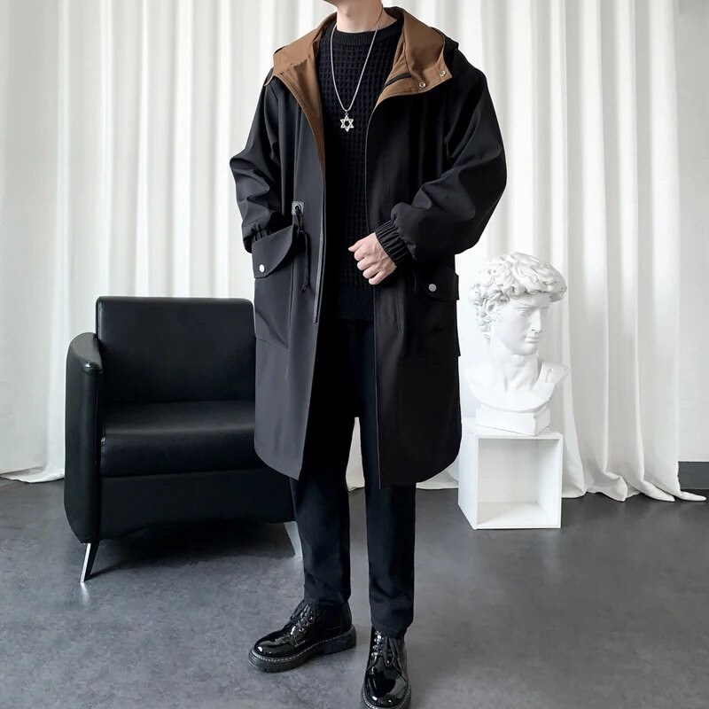 Trenci de toamnă pentru bărbați, jachete cu glugă, cu glugă, cu buzunar Harajuku, îmbrăcăminte pentru bărbați, îmbrăcăminte exterioară, îmbrăcăminte stradală la modă