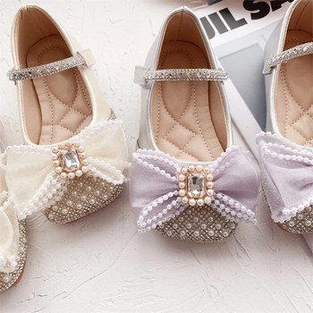 Детски кожени обувки за момичета с панделка от кристали Перлена принцеса Обувки за парти за момичета Единични плоски обувки Детски обувки за представление