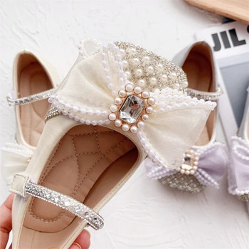 Детски кожени обувки за момичета с панделка от кристали Перлена принцеса Обувки за парти за момичета Единични плоски обувки Детски обувки за представление