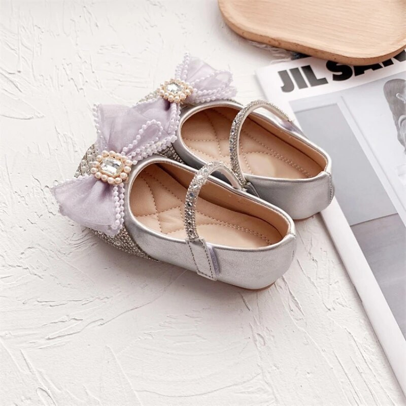 Παιδικά κοριτσίστικα δερμάτινα παπούτσια Rhinestone Bow Pearl Princess Girls Party Dance Shoes Μονό Flats Παιδικό παπούτσι Performance