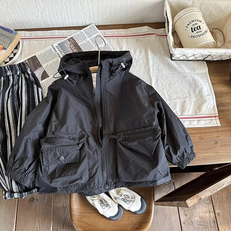 Jachetă cu glugă cu mânecă lungă, primăvară, toamnă 2023, băieți, cu buzunar, haină pentru copii