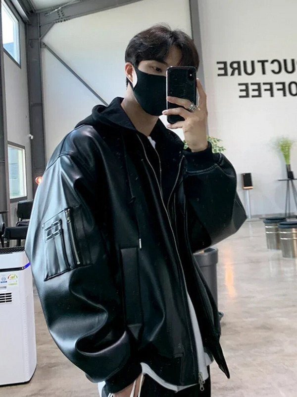 Nova muška jakna s kapuljačom od PU kože 2023. korejska labava modna jednobojna ležerna