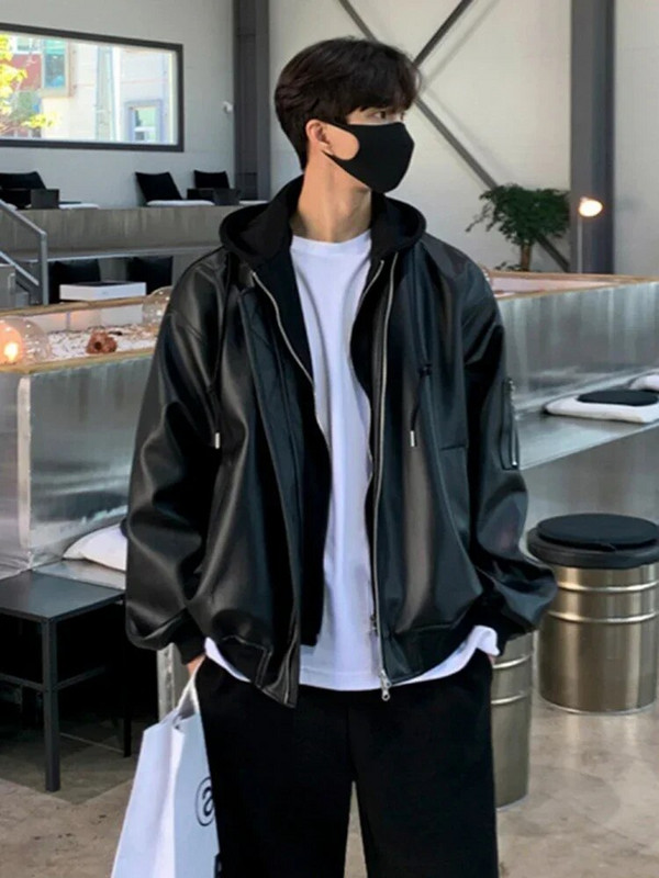 Nova muška jakna s kapuljačom od PU kože 2023. korejska labava modna jednobojna ležerna