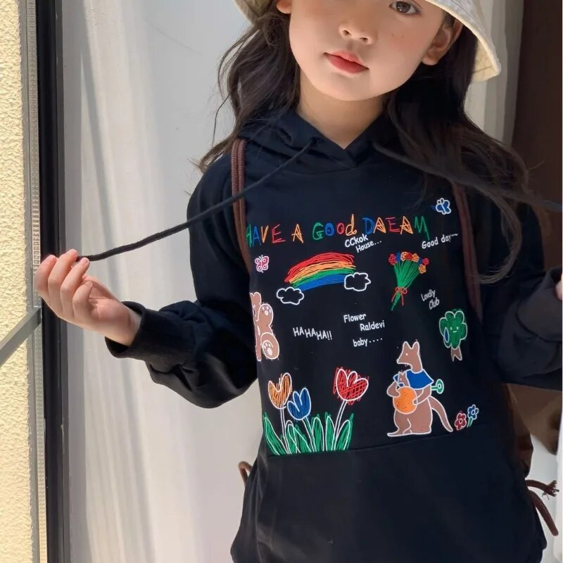 2024 m. pavasario mergaičių animacinių filmų spausdinti Hoodies vaikiški palaidi megztiniai su gobtuvu