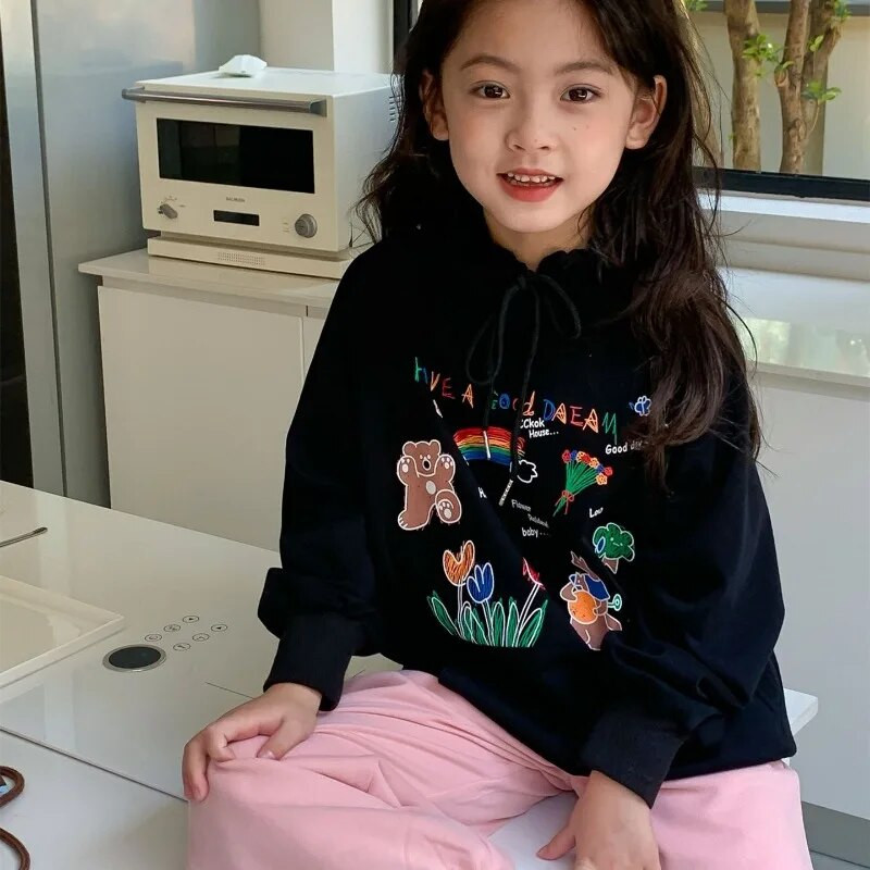 2024 m. pavasario mergaičių animacinių filmų spausdinti Hoodies vaikiški palaidi megztiniai su gobtuvu
