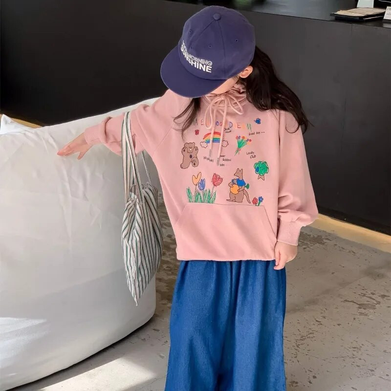 2024 m. pavasario mergaičių animacinių filmų spausdinti Hoodies vaikiški palaidi megztiniai su gobtuvu