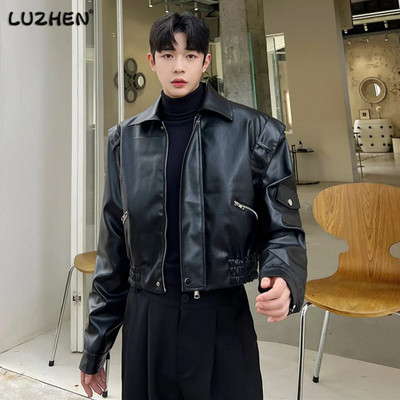 LUZHEN Trend Мъжко мотоциклетно облекло, кожено яке, късо реверно връхно облекло от пу, корейски стил, модно ежедневно палто за улични приливи и отливи 04afea