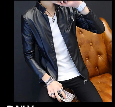 Jachetă de piele pentru bărbați, student de sex masculin, auto-cultivare, primăvară, toamnă, scurtă, frumos, pentru tineret, cu guler în picioare