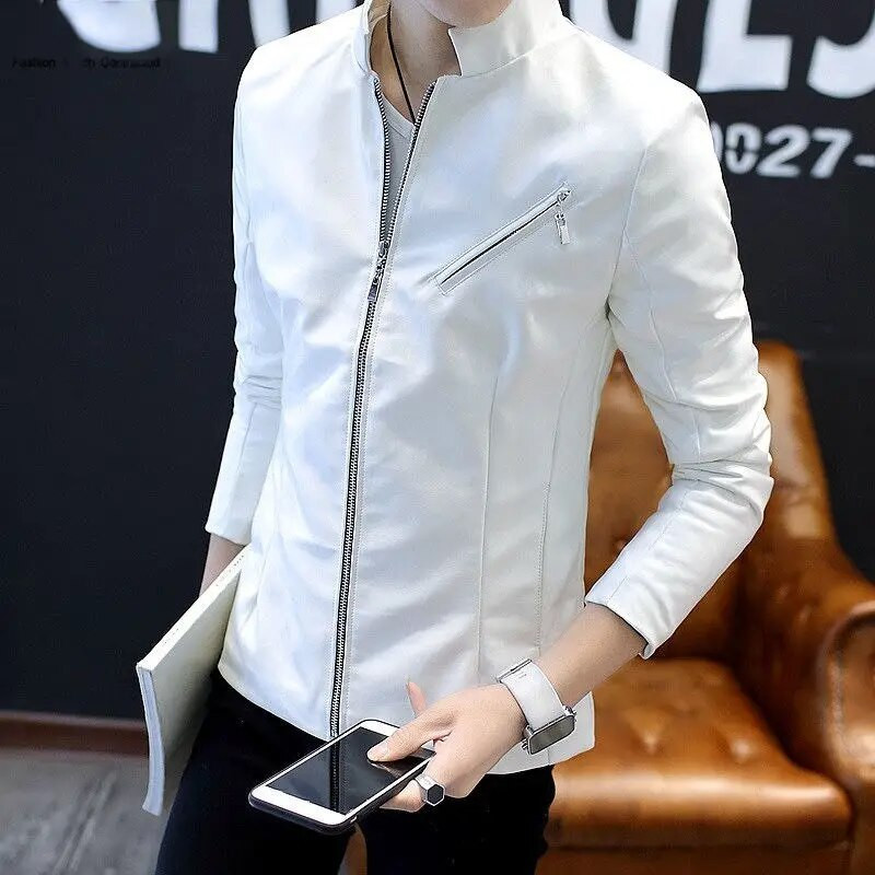 Jachetă de piele pentru bărbați, student de sex masculin, auto-cultivare, primăvară, toamnă, scurtă, frumos, pentru tineret, cu guler în picioare