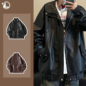 Őszi utcai retro bőrdzseki férfi japán harajuku motoros PU kabát uniszex hip-hop laza, álló galléros férfi felsőruházat