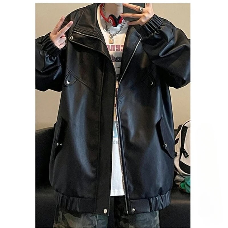Őszi utcai retro bőrdzseki férfi japán harajuku motoros PU kabát uniszex hip-hop laza, álló galléros férfi felsőruházat