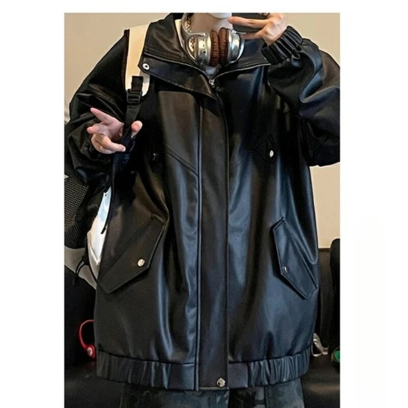 Őszi utcai retro bőrdzseki férfi japán harajuku motoros PU kabát uniszex hip-hop laza, álló galléros férfi felsőruházat
