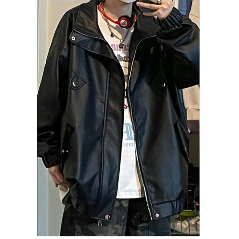 Őszi utcai retro bőrdzseki férfi japán harajuku motoros PU kabát uniszex hip-hop laza, álló galléros férfi felsőruházat