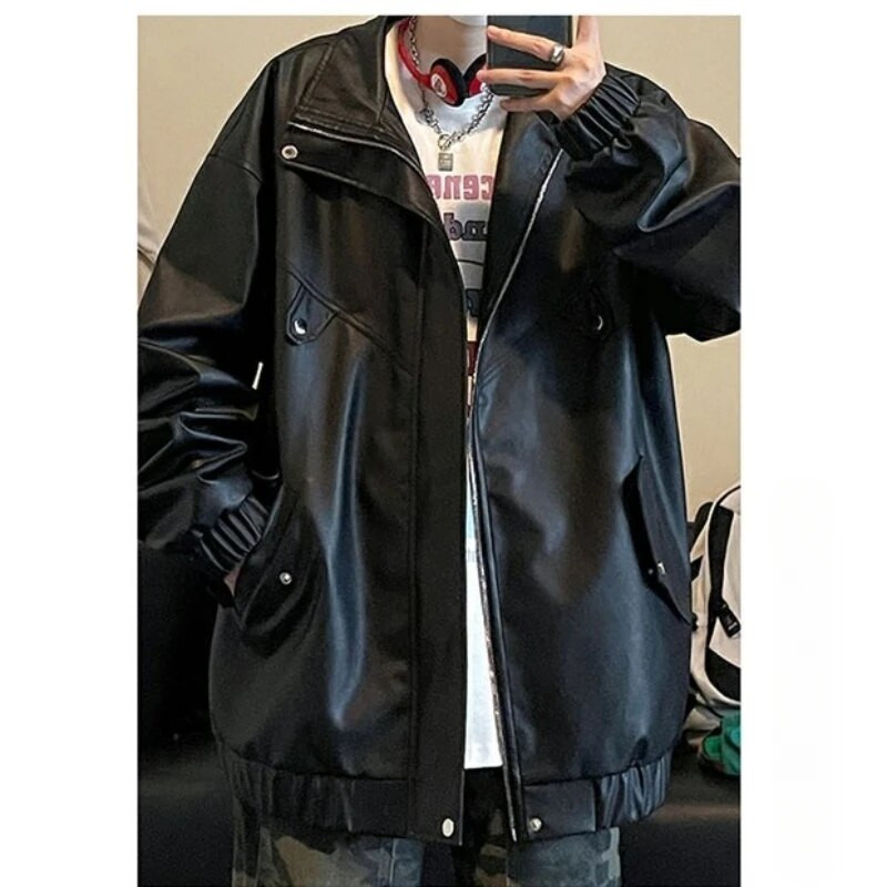 Őszi utcai retro bőrdzseki férfi japán harajuku motoros PU kabát uniszex hip-hop laza, álló galléros férfi felsőruházat