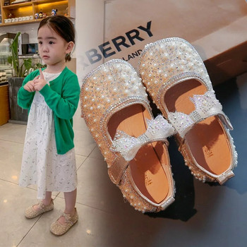 Обувки за принцеса за момичета Детска модна панделка Детски кожени обувки с кристали 2023 г. Нови бебешки партита за момичета Студентски плоски обувки E584