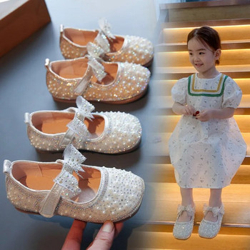 Обувки за принцеса за момичета Детска модна панделка Детски кожени обувки с кристали 2023 г. Нови бебешки партита за момичета Студентски плоски обувки E584