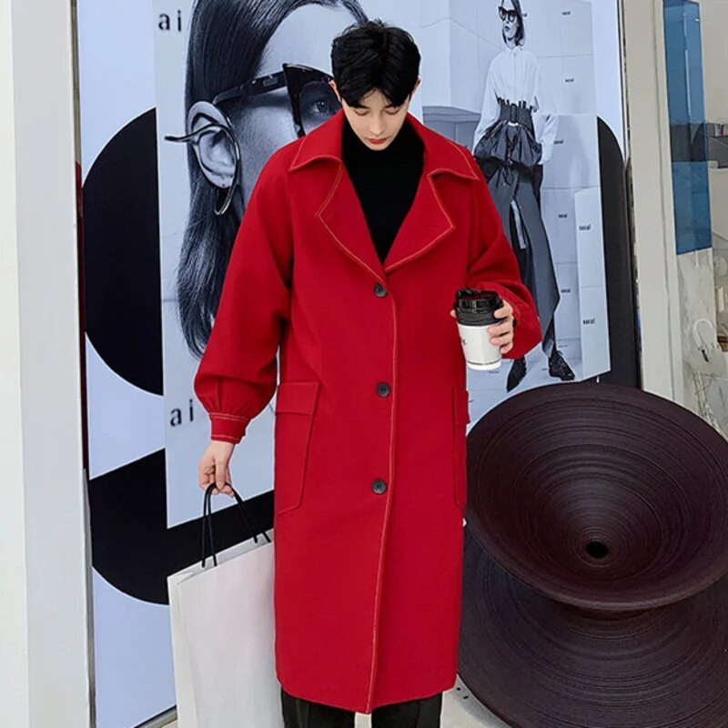 NOYMEI Pantaloni de vânt pentru bărbați, până la genunchi, cu design de nișă 2024, nou cu rever, haină lungă cu un singur piept, cu centură Tide WA2879