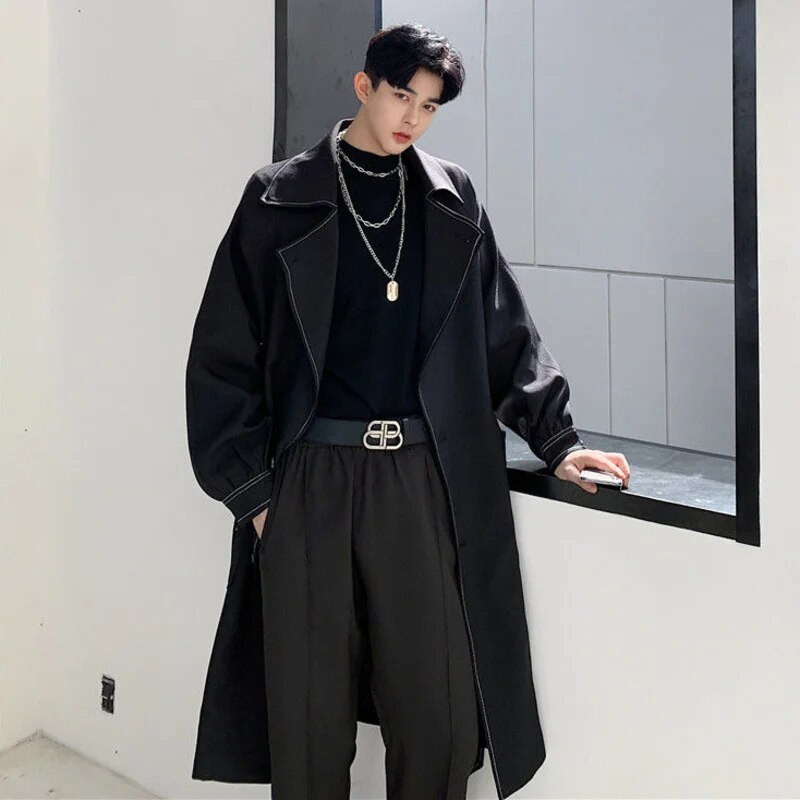 NOYMEI Pantaloni de vânt pentru bărbați, până la genunchi, cu design de nișă 2024, nou cu rever, haină lungă cu un singur piept, cu centură Tide WA2879