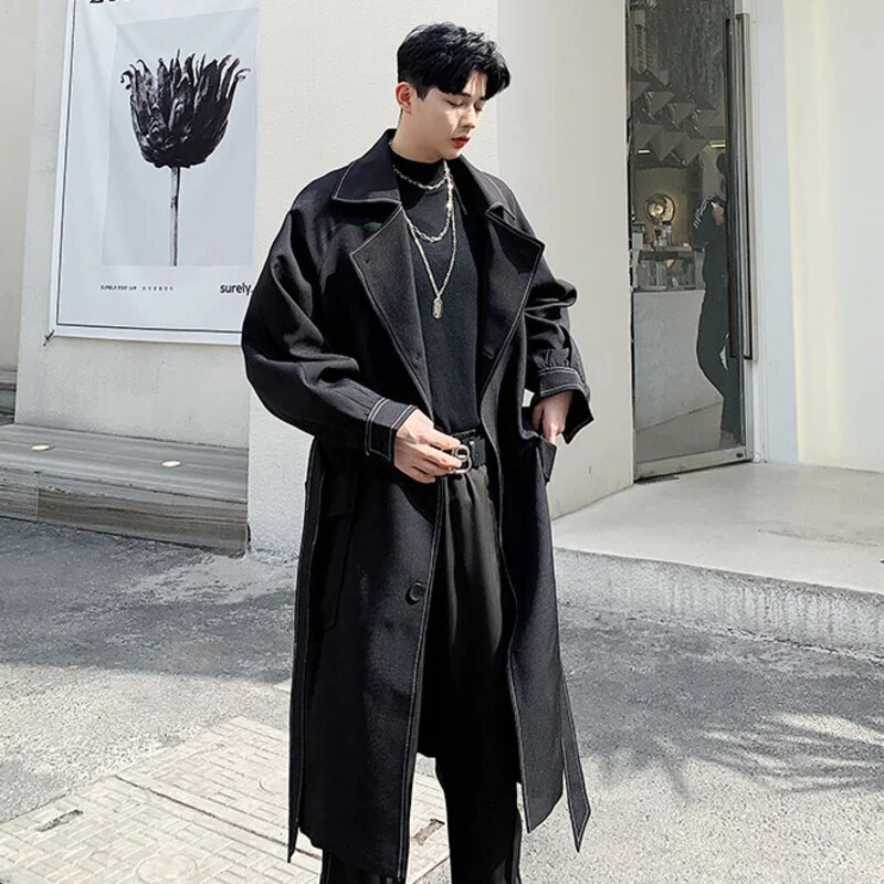 NOYMEI Pantaloni de vânt pentru bărbați, până la genunchi, cu design de nișă 2024, nou cu rever, haină lungă cu un singur piept, cu centură Tide WA2879