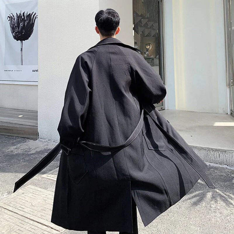 NOYMEI Pantaloni de vânt pentru bărbați, până la genunchi, cu design de nișă 2024, nou cu rever, haină lungă cu un singur piept, cu centură Tide WA2879