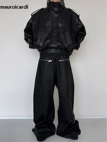 Mauroicardi Φθινοπωρινό Χειμώνας Υπερμεγέθη Δροσερό αδιάβροχο, αδιάβροχο μαύρο δερμάτινο δερμάτινο μπουφάν ανδρικό φερμουάρ Πολυτελή επώνυμα ρούχα 2023