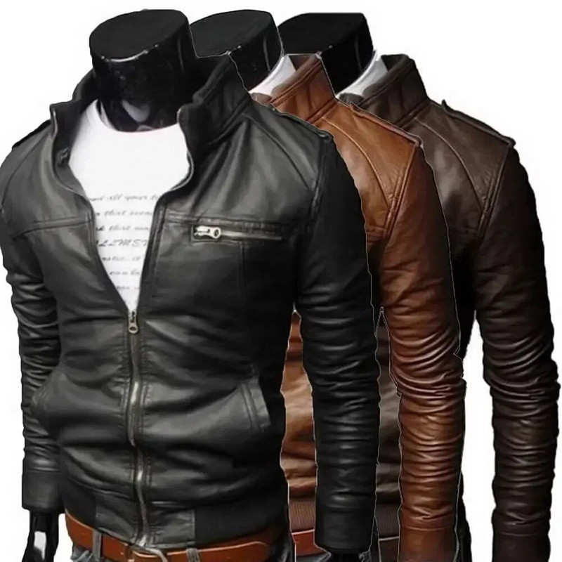 Jachetă Bomber Hot Motocicletă Fit haină Streetwear Cool Bărbați Moda piele Jachete de iarnă pentru bărbați Guler Îmbrăcăminte de toamnă Slim
